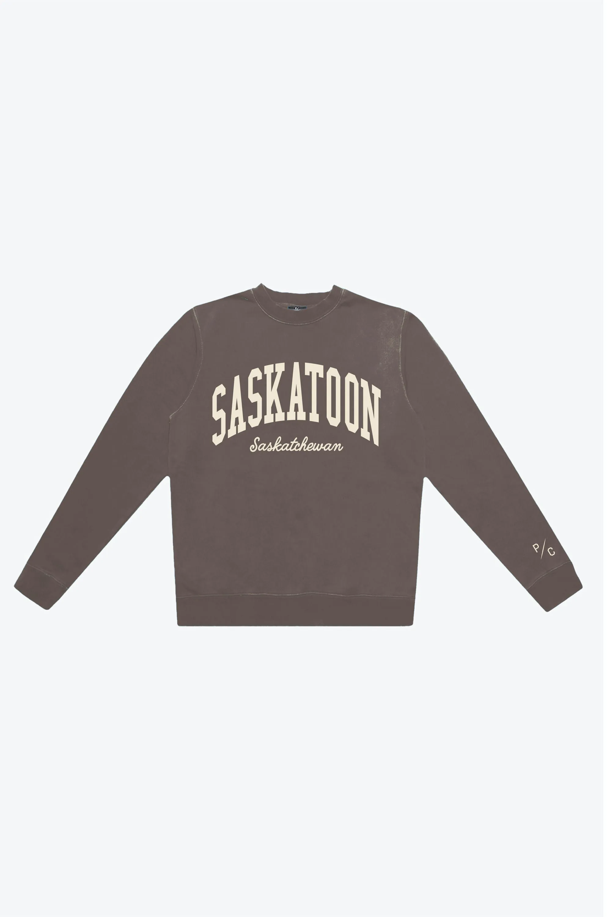Saskatoon Tourist Pigment Dye Crewneck - Espresso sold by Peace-Collective