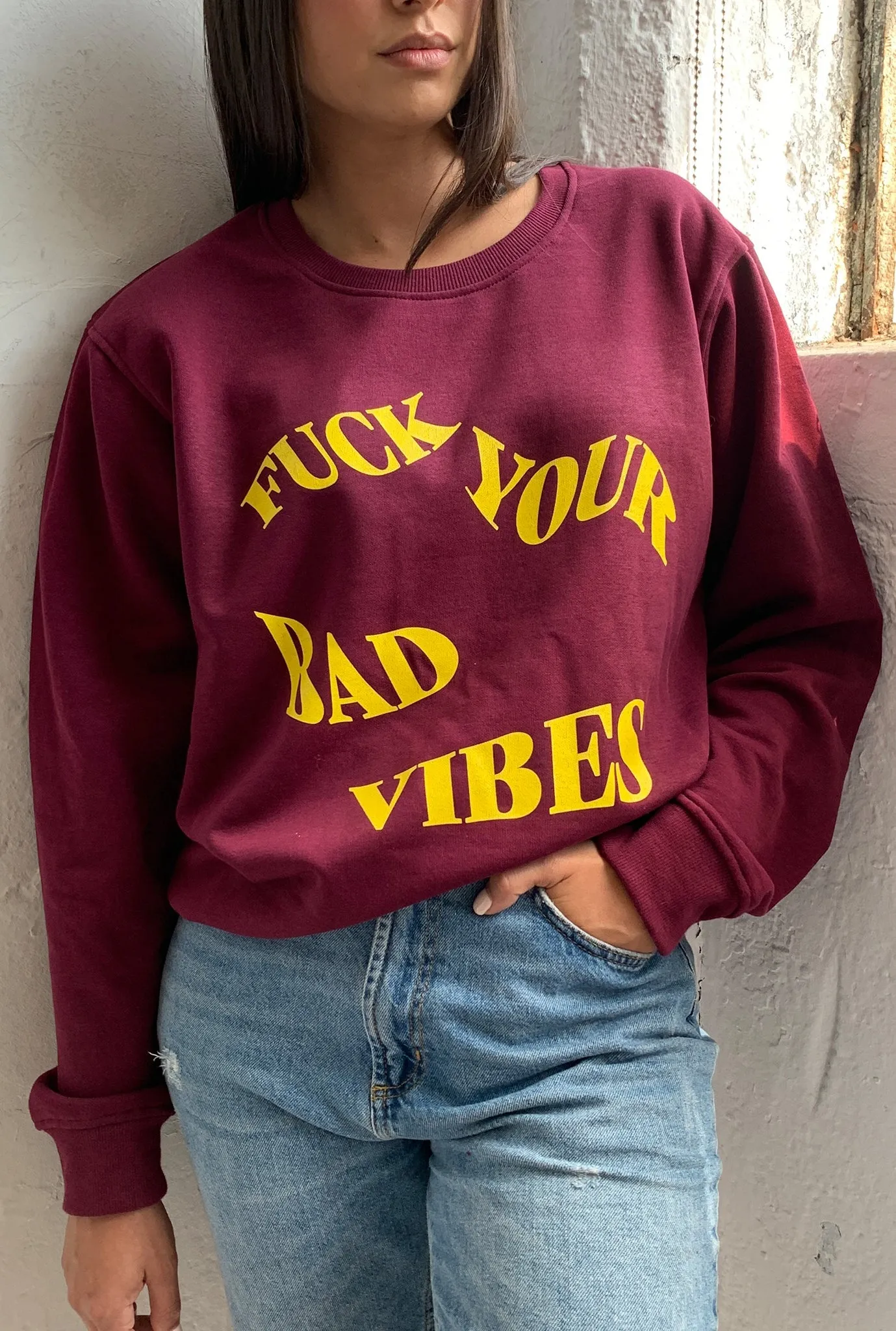 Fuck Your Bad Vibes Waved Graphic Crewneck - Maroon sold by Peace-Collective product image thumbnail 4