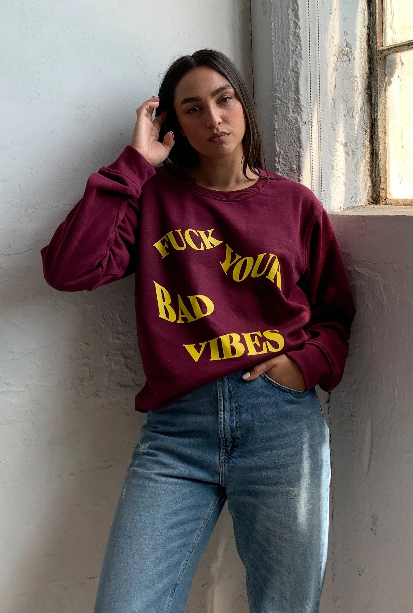 Fuck Your Bad Vibes Waved Graphic Crewneck - Maroon sold by Peace-Collective product image thumbnail 2