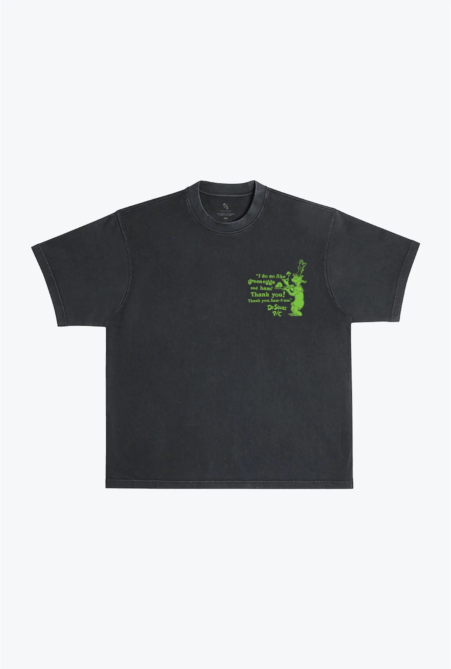 Green Eggs and Ham Quote T-Shirt - Pigment Dye Black sold by Peace-Collective