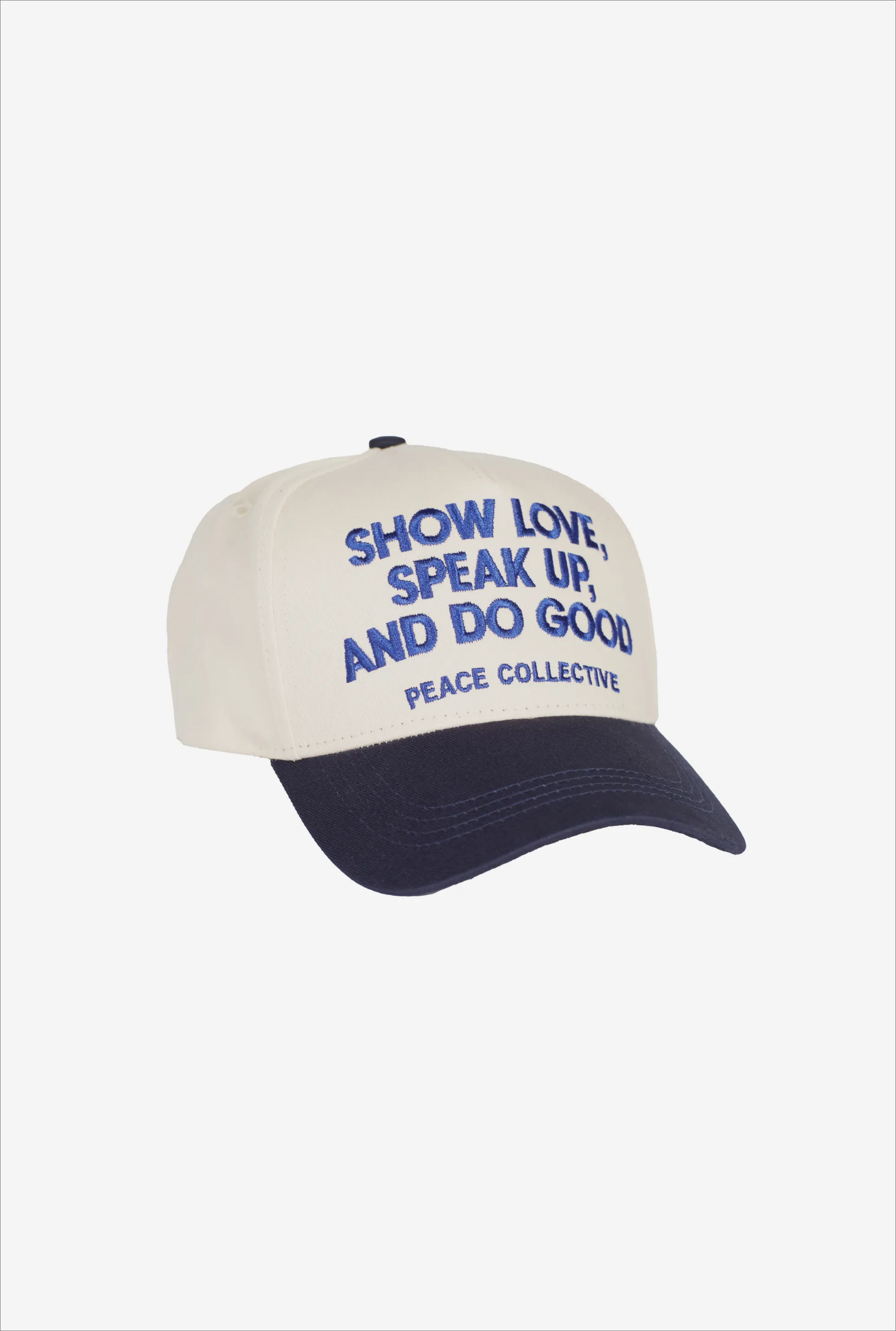 Show Love, Speak Up, Do Good A Frame Cap - Cream/Blue sold by Peace-Collective