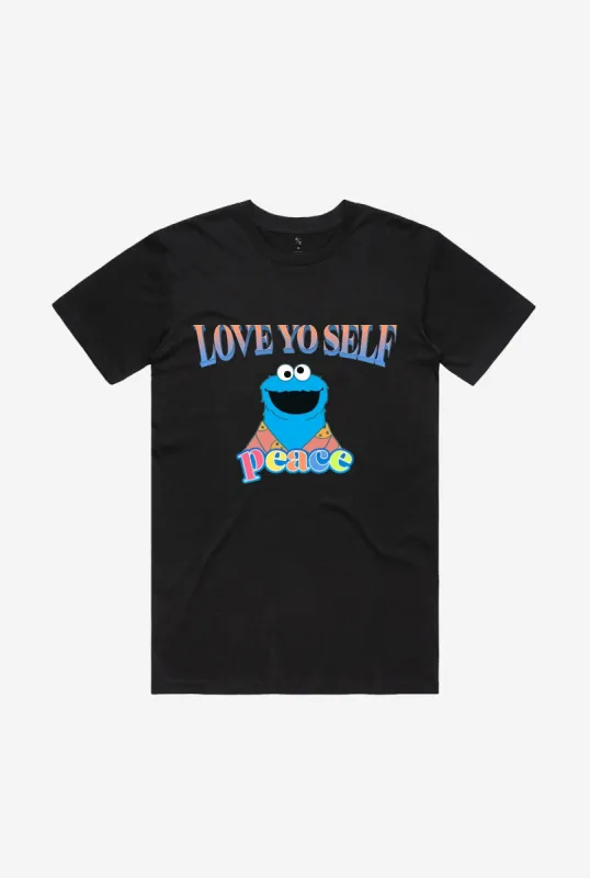 Cookie Monster Love Yo Self Rap T-Shirt - Black sold by Peace-Collective