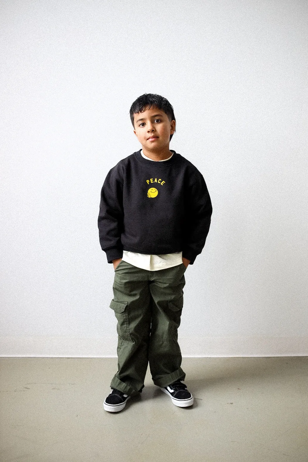 P/C x SmileyWorld "Smile for Peace" Youth Heavyweight Crewneck - Black sold by Peace-Collective product image thumbnail 5