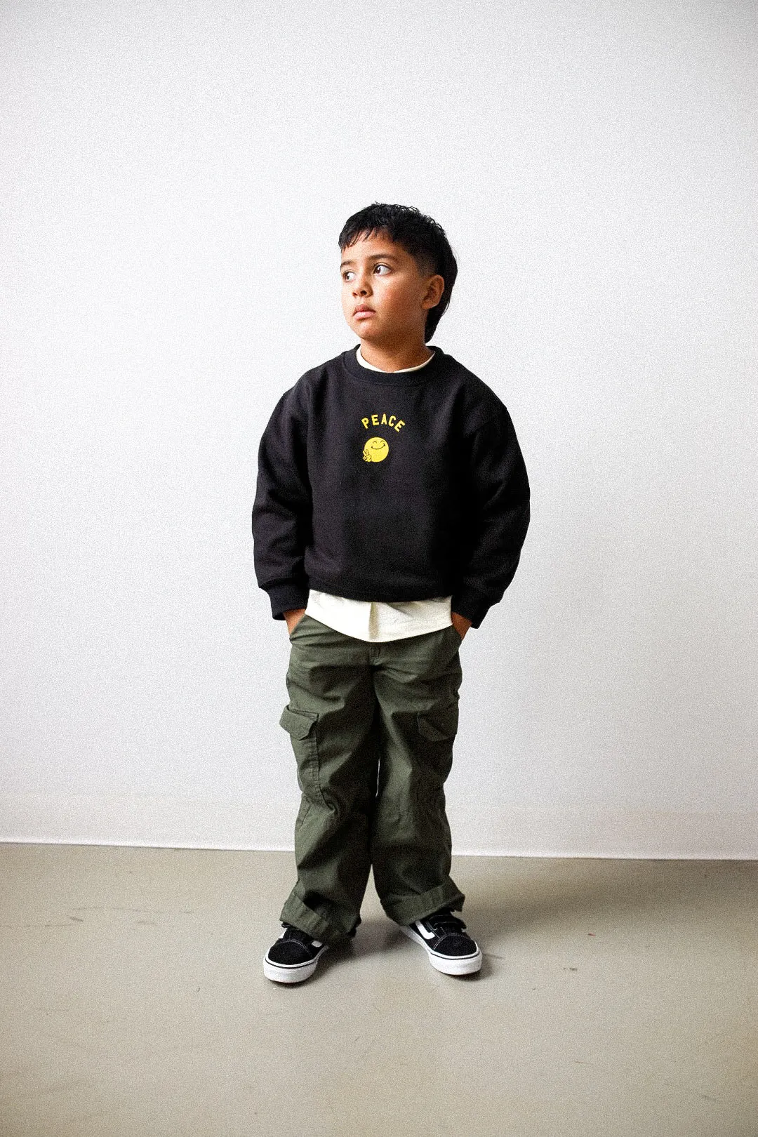 P/C x SmileyWorld "Smile for Peace" Youth Heavyweight Crewneck - Black sold by Peace-Collective product image thumbnail 3