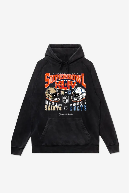 Super Bowl XLIV: New Orleans Saints vs. Indianapolis Colts Stonewashed Hoodie - Black sold by Peace-Collective