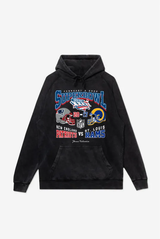 Super Bowl XXXVI: New England Patriots vs. St. Louis Rams Stonewashed Hoodie - Black sold by Peace-Collective