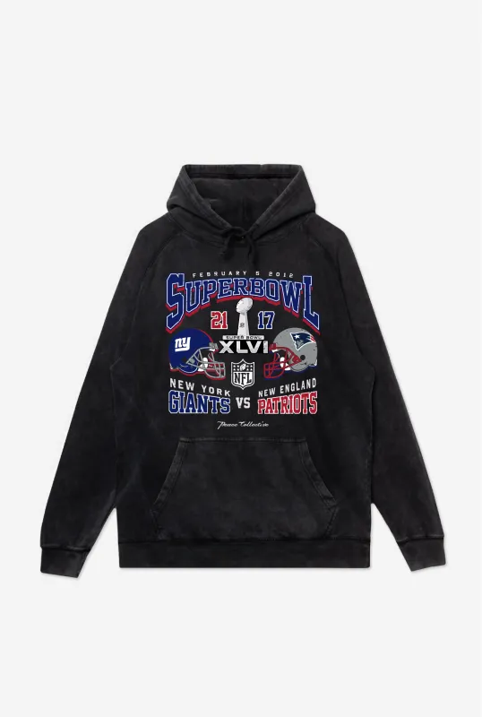 Super Bowl XLVI: New York Giants vs. New England Patriots Stonewashed Hoodie - Black sold by Peace-Collective