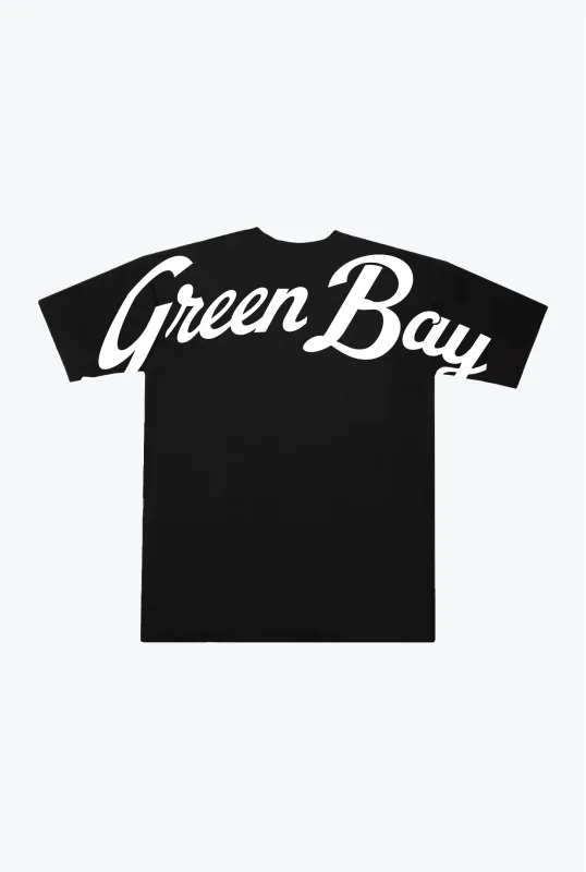 Green Bay Packers Script Heavyweight T-Shirt - Black sold by Peace-Collective