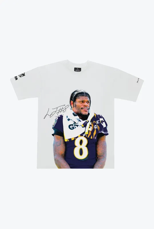 Lamar Jackson Heavyweight Garment Dyed T-Shirt - White sold by Peace-Collective
