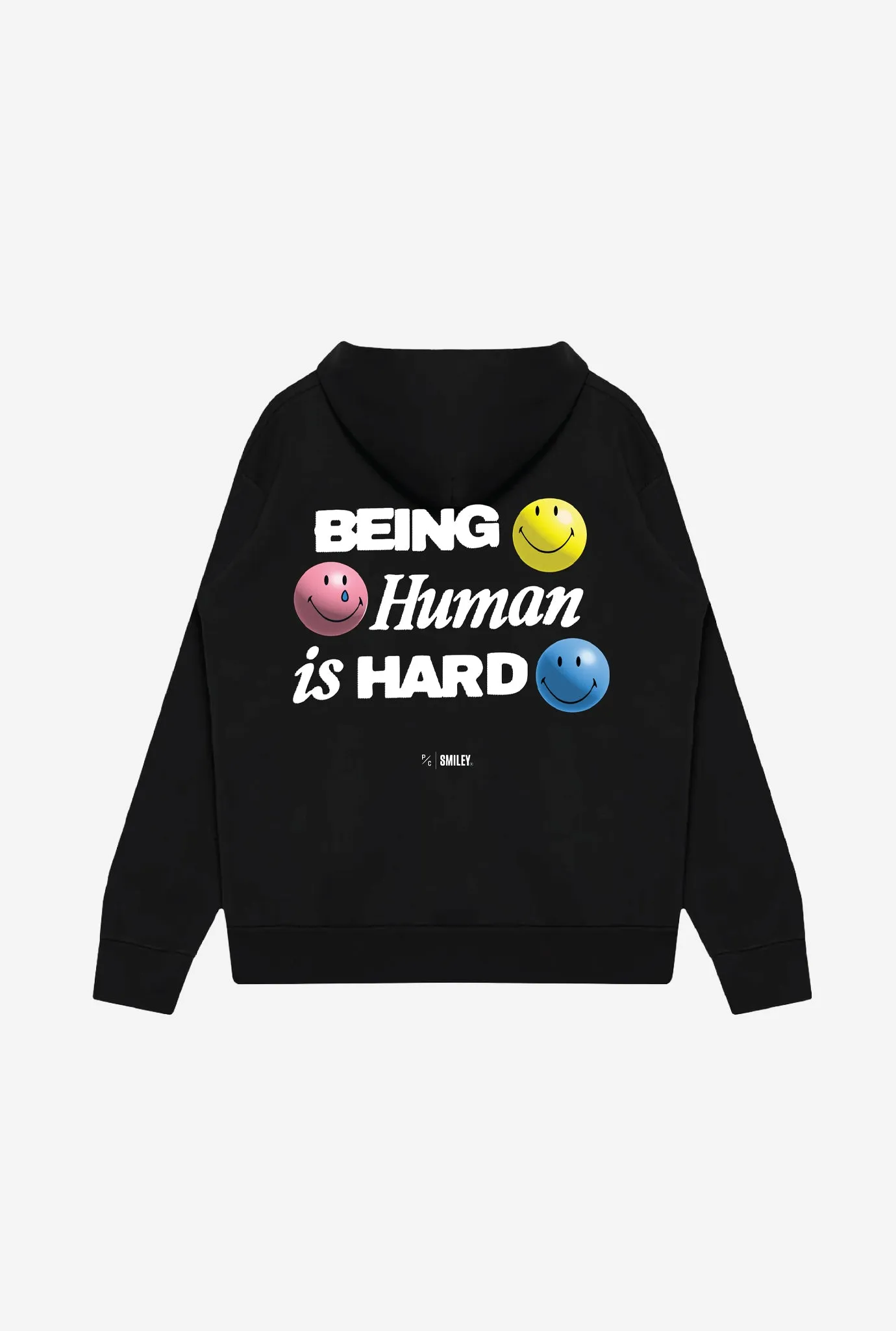 SMILEY: Being Human is Hard Heavyweight Hoodie - Black sold by Peace-Collective