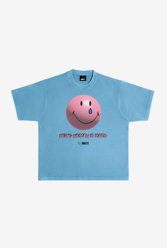 SMILEY: Being Human is Hard Heavyweight Garment Dyed T-Shirt - Pebble Blue sold by Peace-Collective