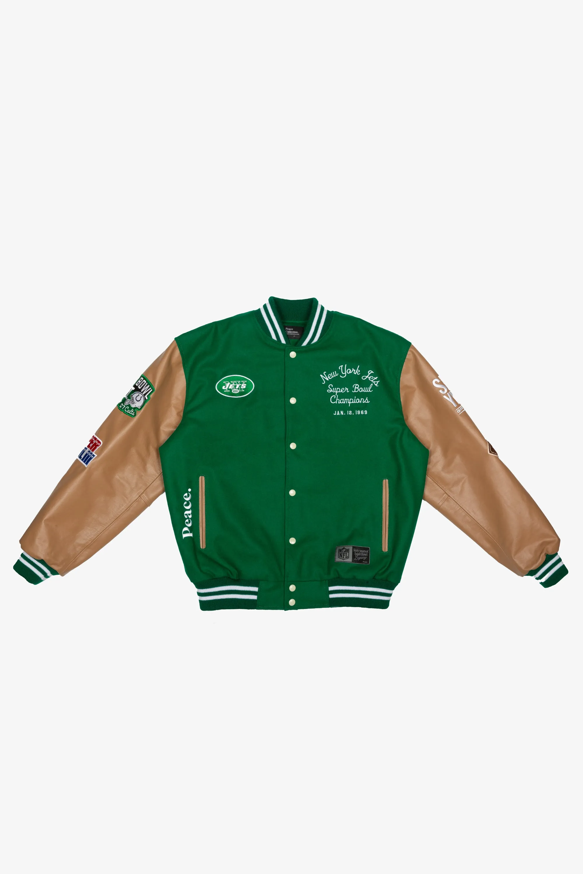 Super Bowl 1969 New York Jets Vs. Baltimore Colts Varsity Jacket - Green sold by Peace-Collective