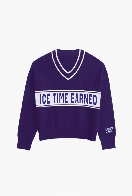 Ice Time Earned Retro Women's V-Neck Knit Sweater - Purple sold by Peace-Collective