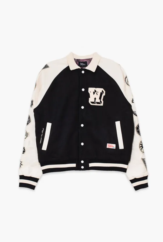 WNBA League Women's Cropped Varsity Jacket - Ivory / Black made by Peace-Collective