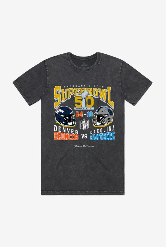 Super Bowl 50: Denver Broncos vs Carolina Panthers Garment Dyed Heavyweight T-Shirt - Black sold by Peace-Collective