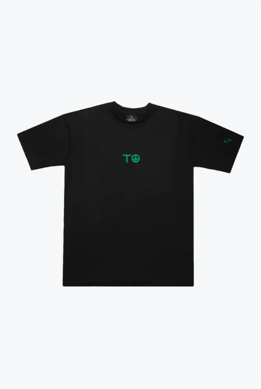 "Peace and Love" Script Heavyweight T-Shirt - Black sold by Peace-Collective