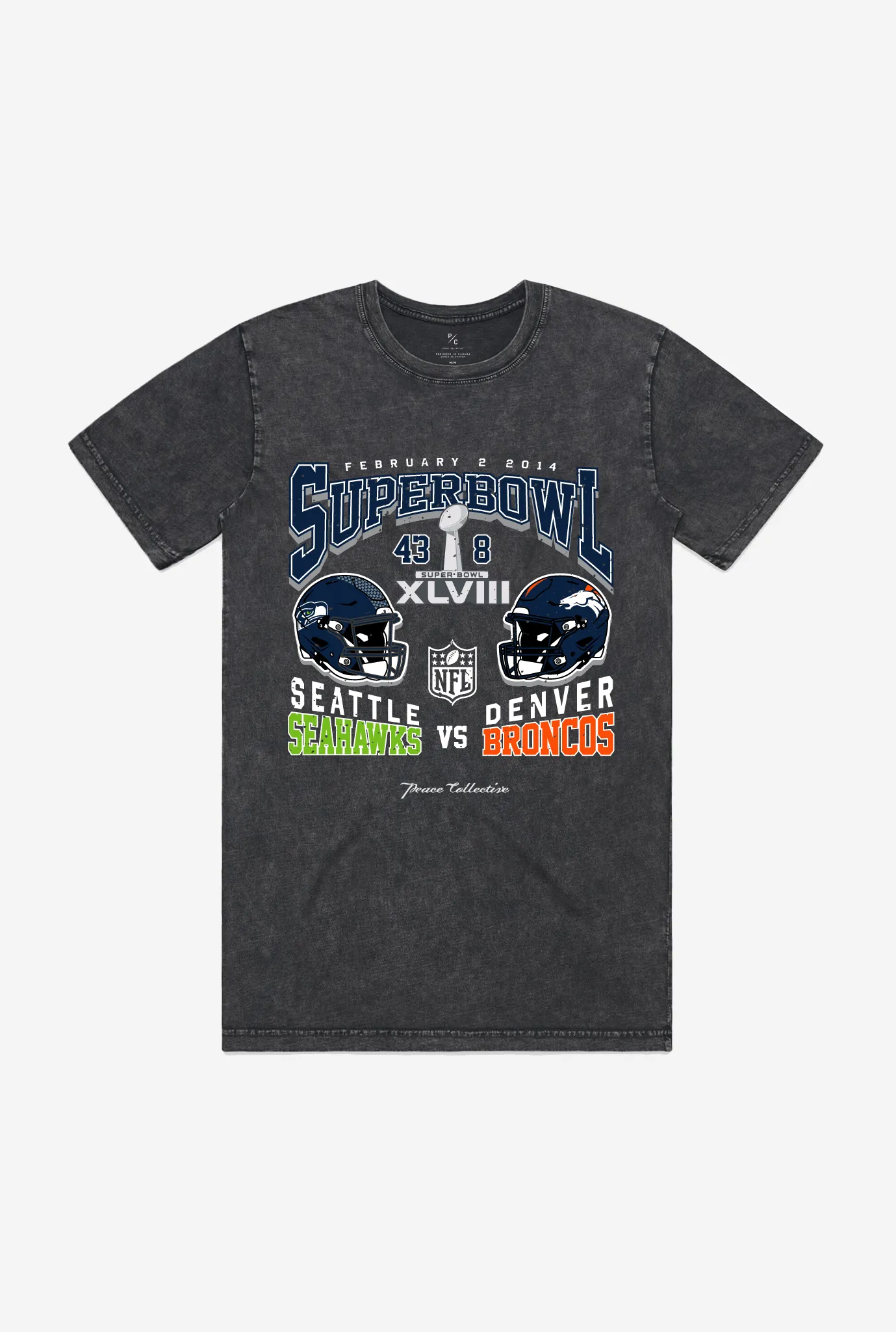 Super Bowl XLVIII: Seattle Seahawks vs Denver Broncos Garment Dyed Heavyweight T-Shirt - Black sold by Peace-Collective