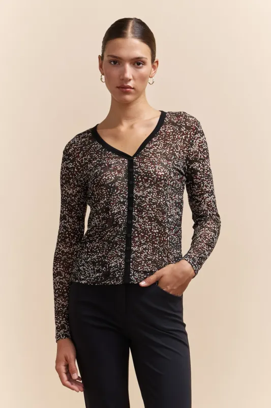 Printed micro mesh top sold by Tristan Style