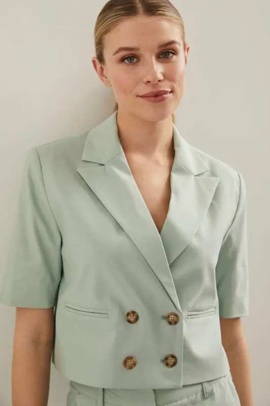 Double breast cropped short sleeve blazer sold by Tristan Style