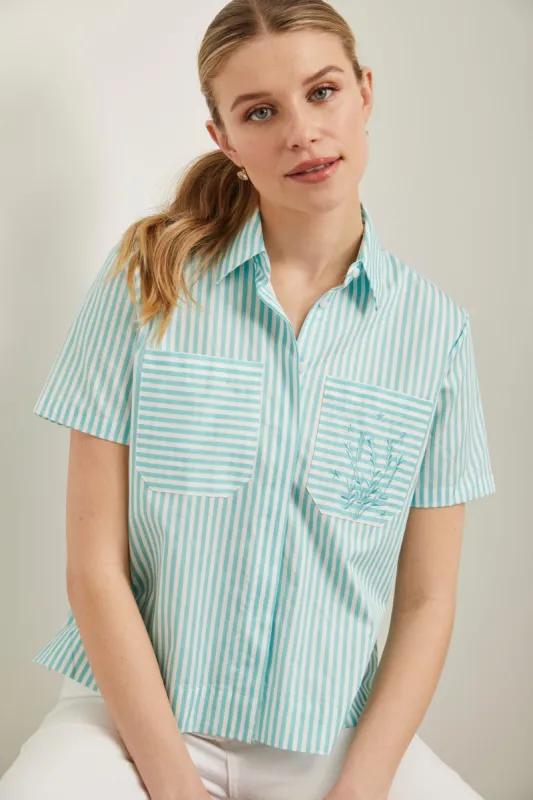 Short sleeve striped shirt with embroidered pocket sold by Tristan Style