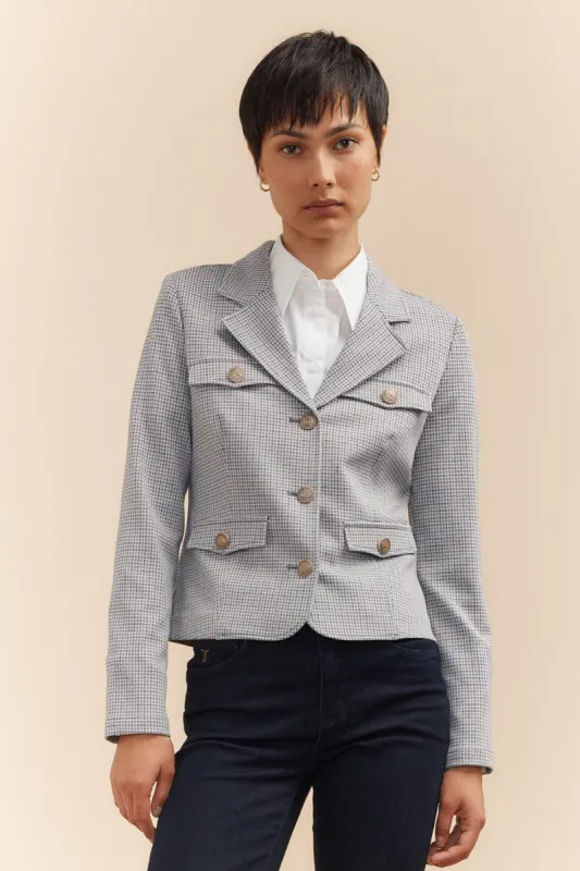 Three-button stretch blazer sold by Tristan Style