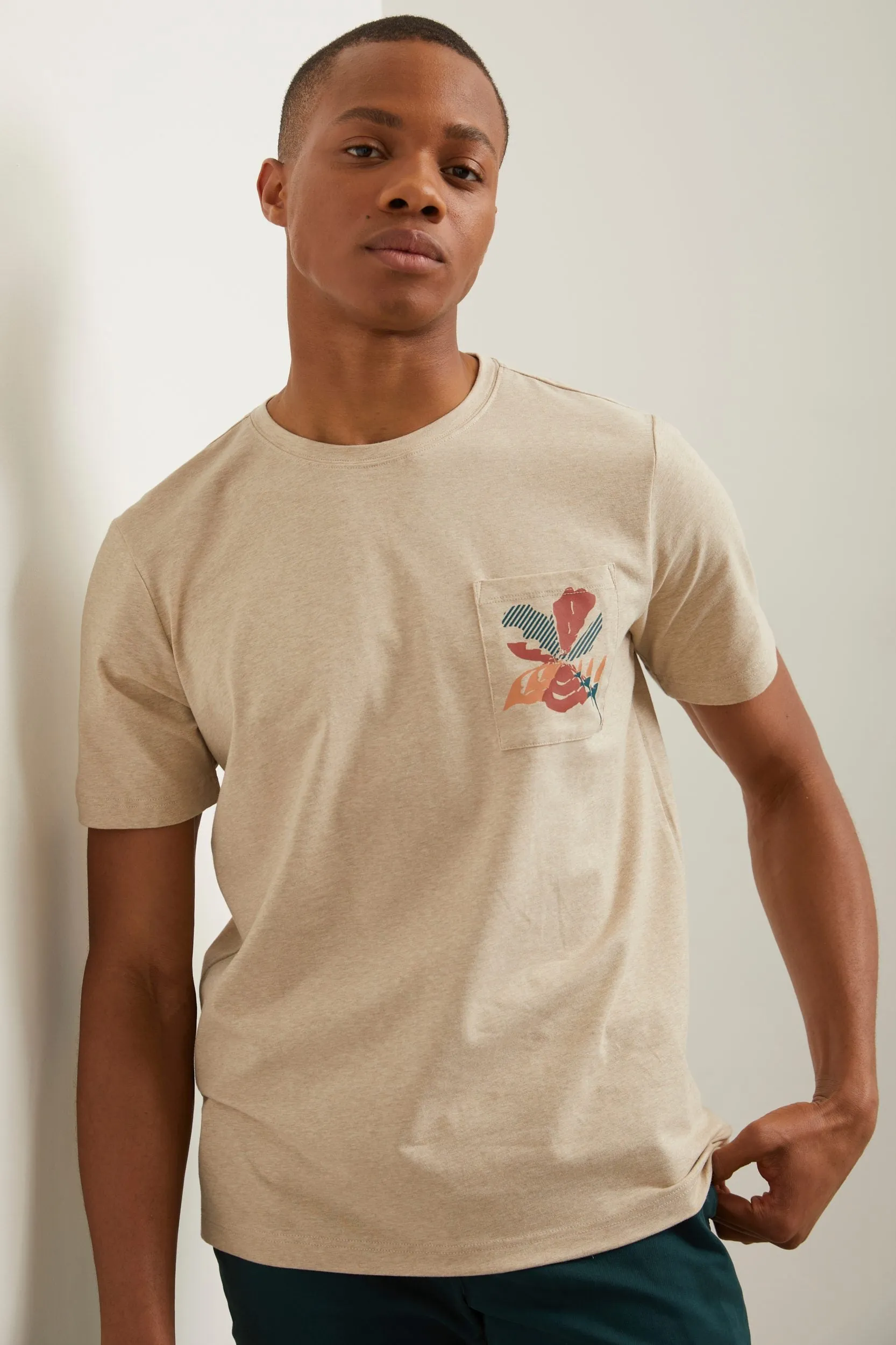 Chambray printed pocket t-shirt sold by Tristan Style