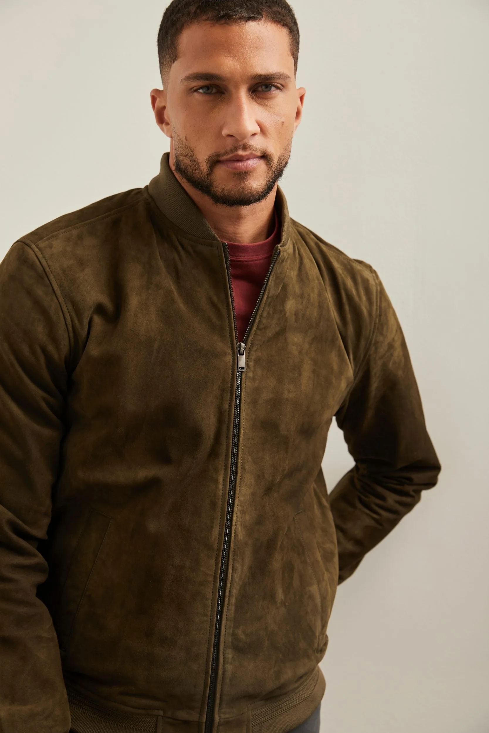 Ribbed collar Suede bomber jacket sold by Tristan Style product image thumbnail 4