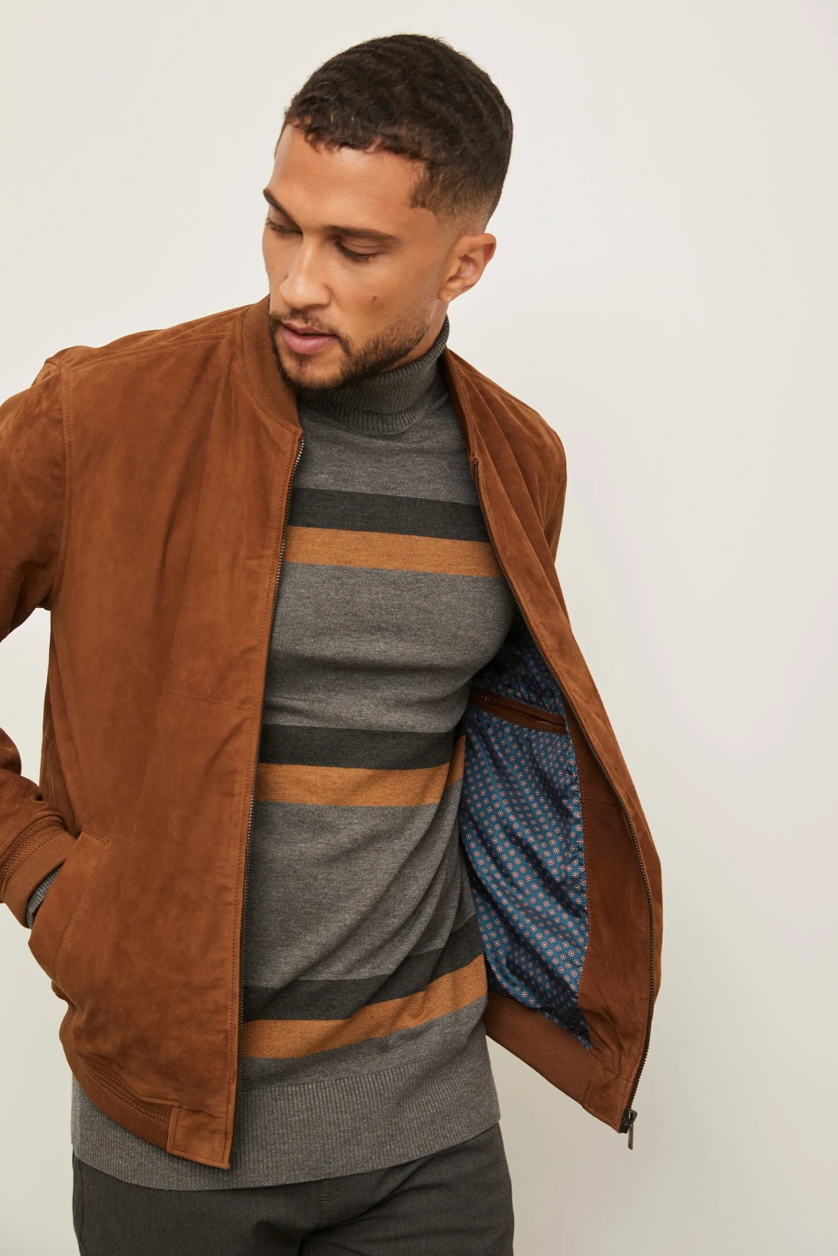 Ribbed collar Suede bomber jacket sold by Tristan Style product image thumbnail 2