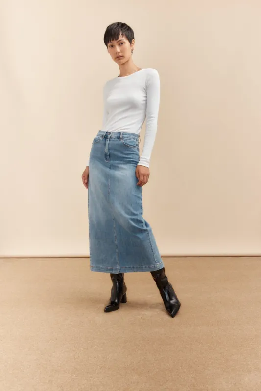 Long denim skirt sold by Tristan Style
