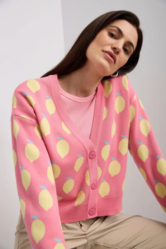 Oversized cardigan with lemon pattern sold by Tristan Style