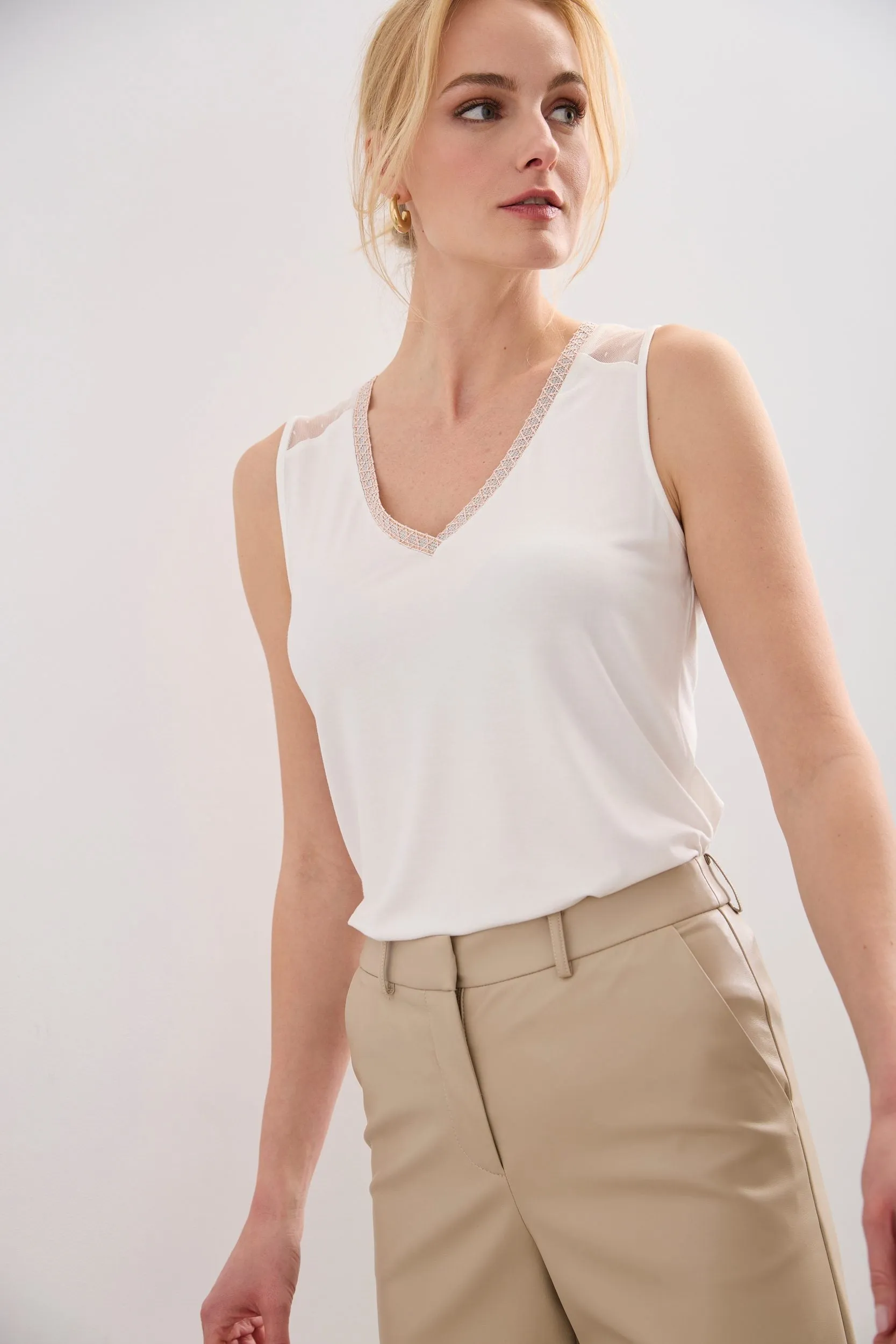 Sleeveless top with lace yoke sold by Tristan Style