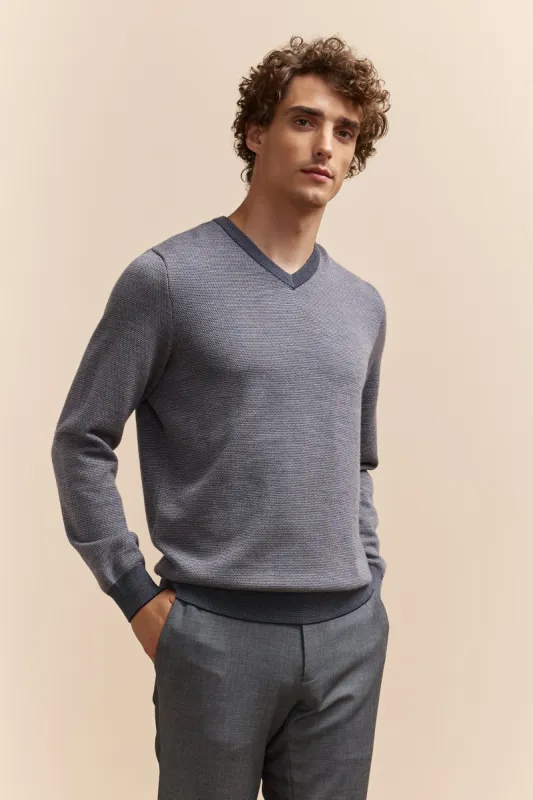 Merino wool jacquard V-neck sweater sold by Tristan Style