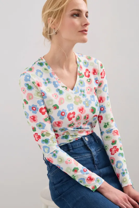 Printed long sleeve V-neck t-shirt sold by Tristan Style