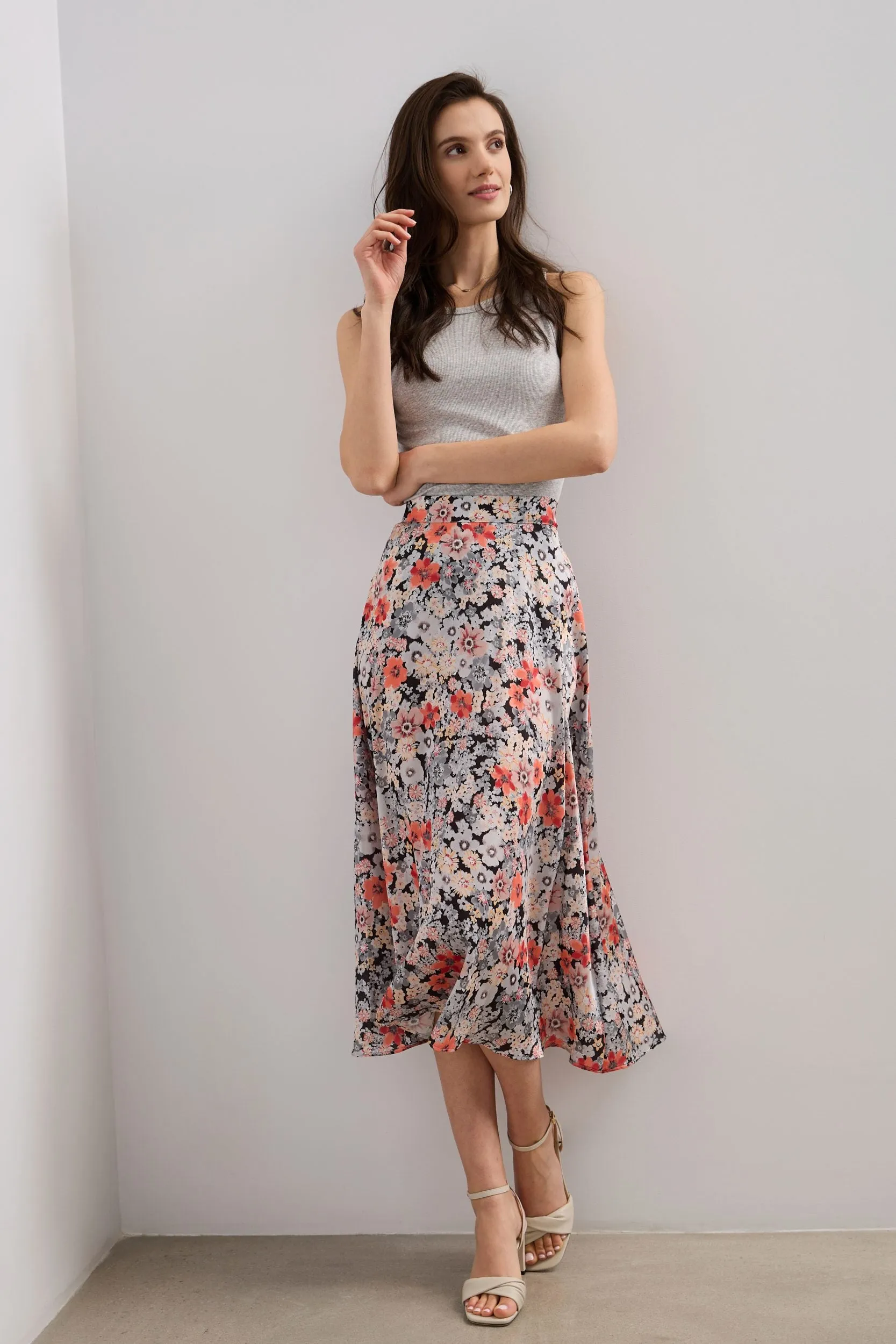 Floral printed satin skirt with elastic waist sold by Tristan Style