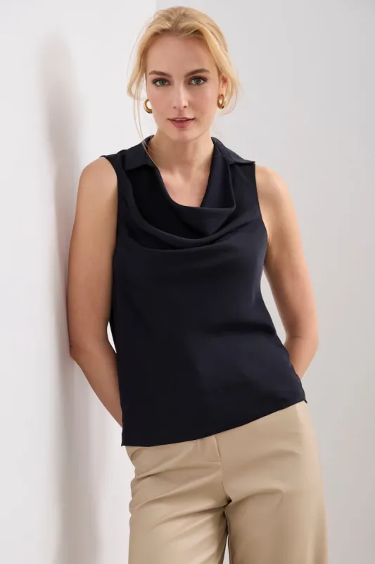 Sleeveless top with draped collar sold by Tristan Style