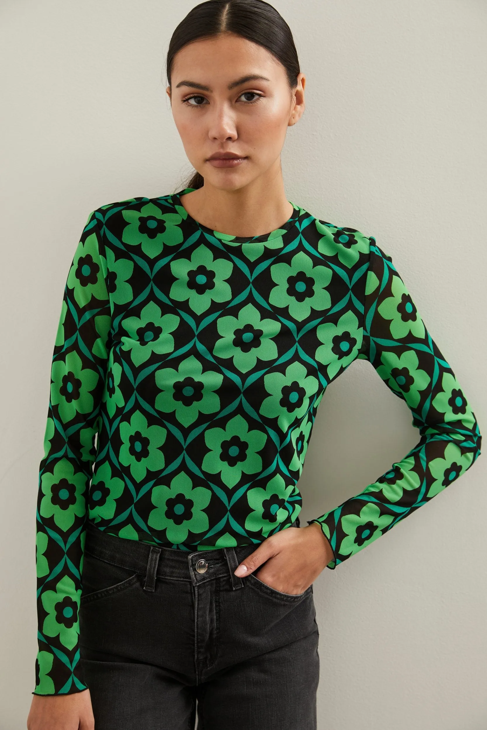 Floral printed micro mesh top sold by Tristan Style product image thumbnail 3