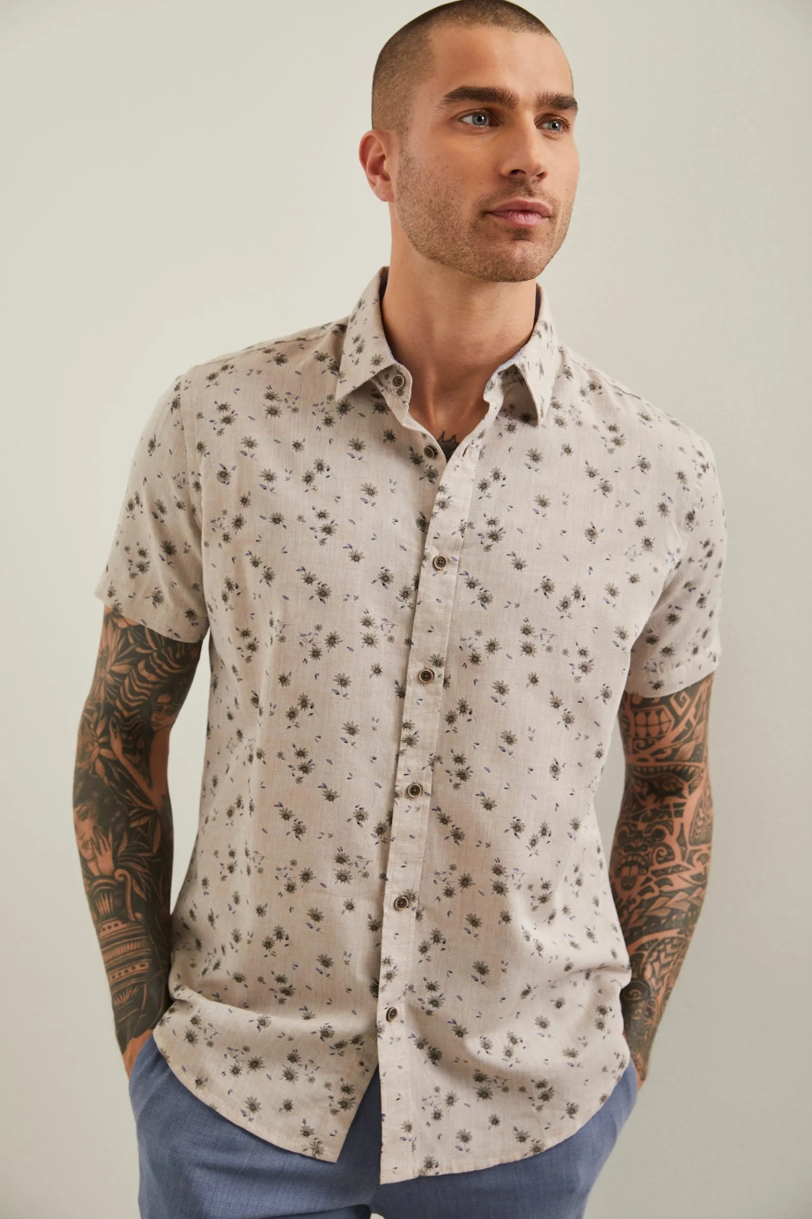 Semi-Fitted floral linen shirt sold by Tristan Style