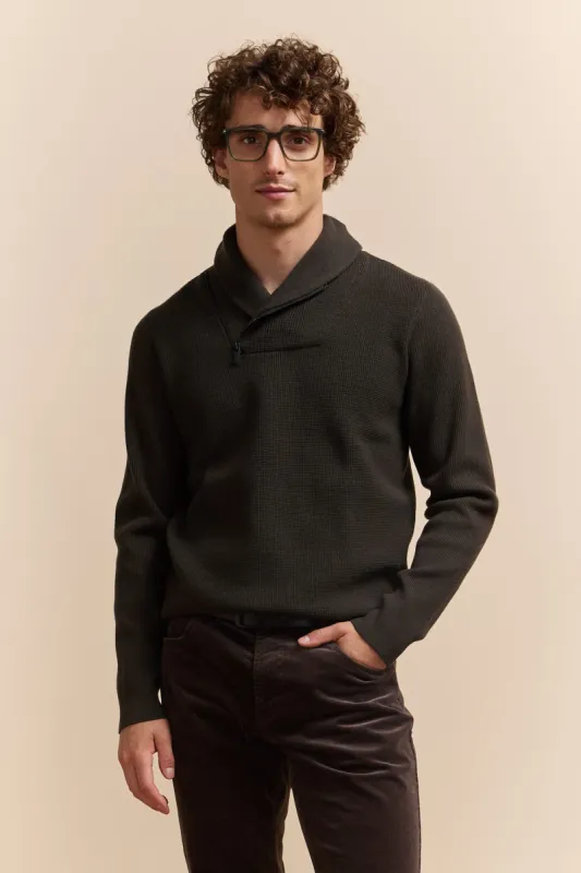 Textured shawl collar sweater sold by Tristan Style