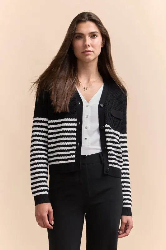 Textured cardigan with stripes sold by Tristan Style