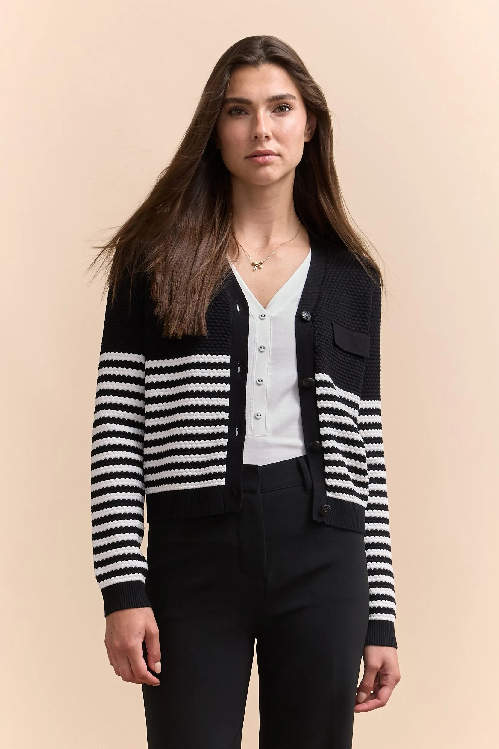 Textured cardigan with stripes sold by Tristan Style