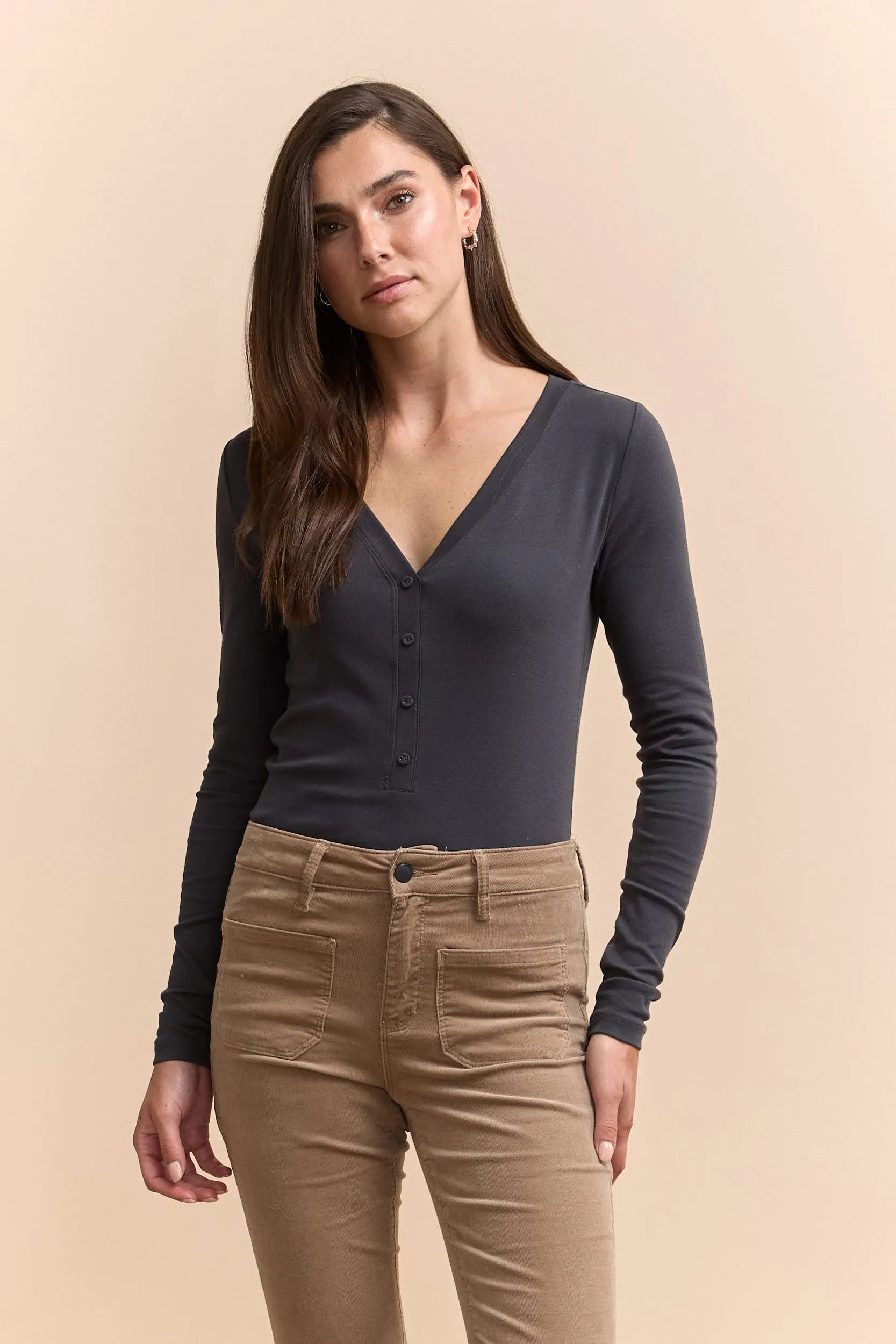 Rib top with button placket sold by Tristan Style