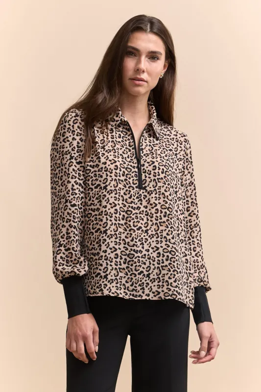 Leopard printed blouse with zipper sold by Tristan Style