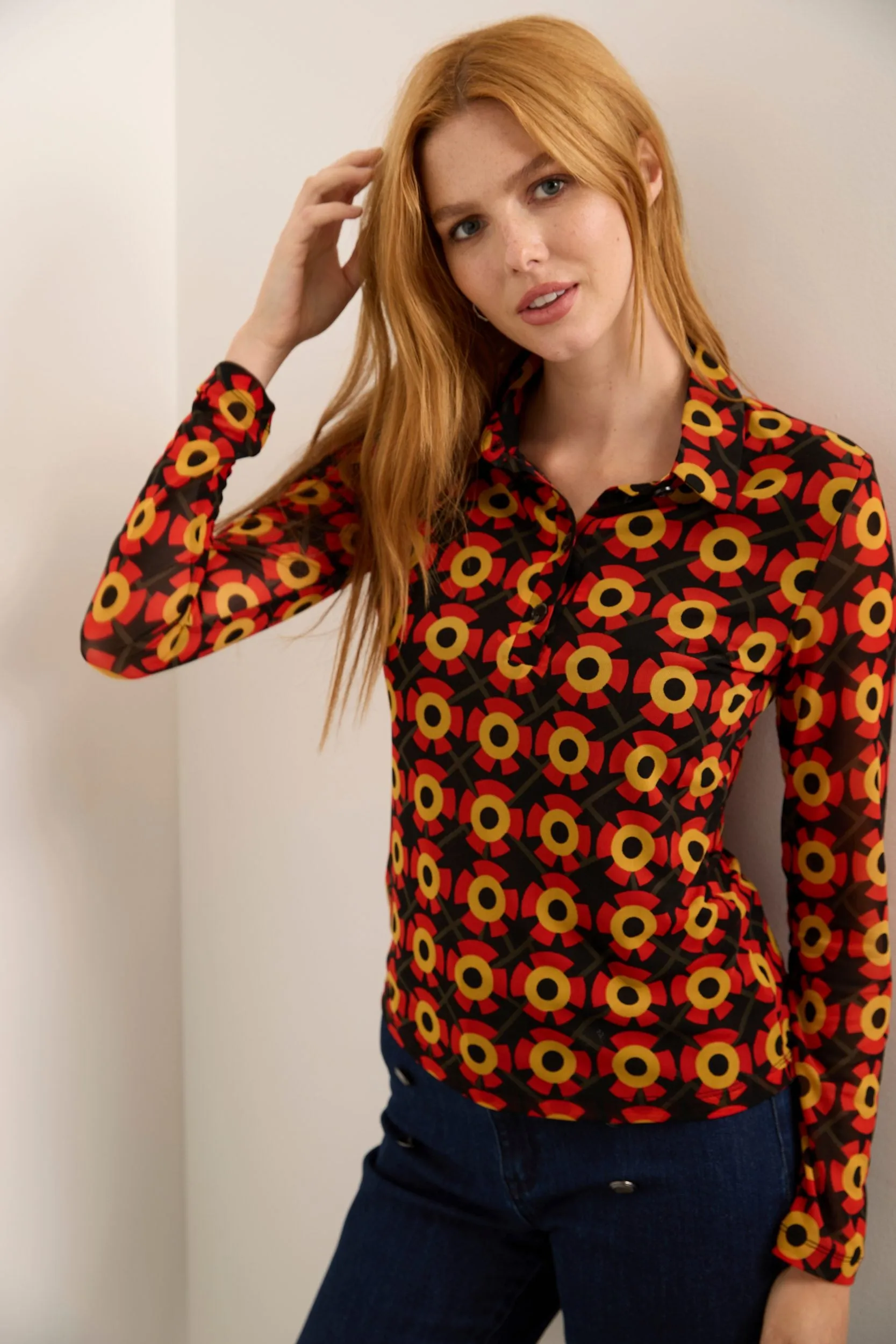 Micro Mesh Printed Top With Polo Collar sold by Tristan Style