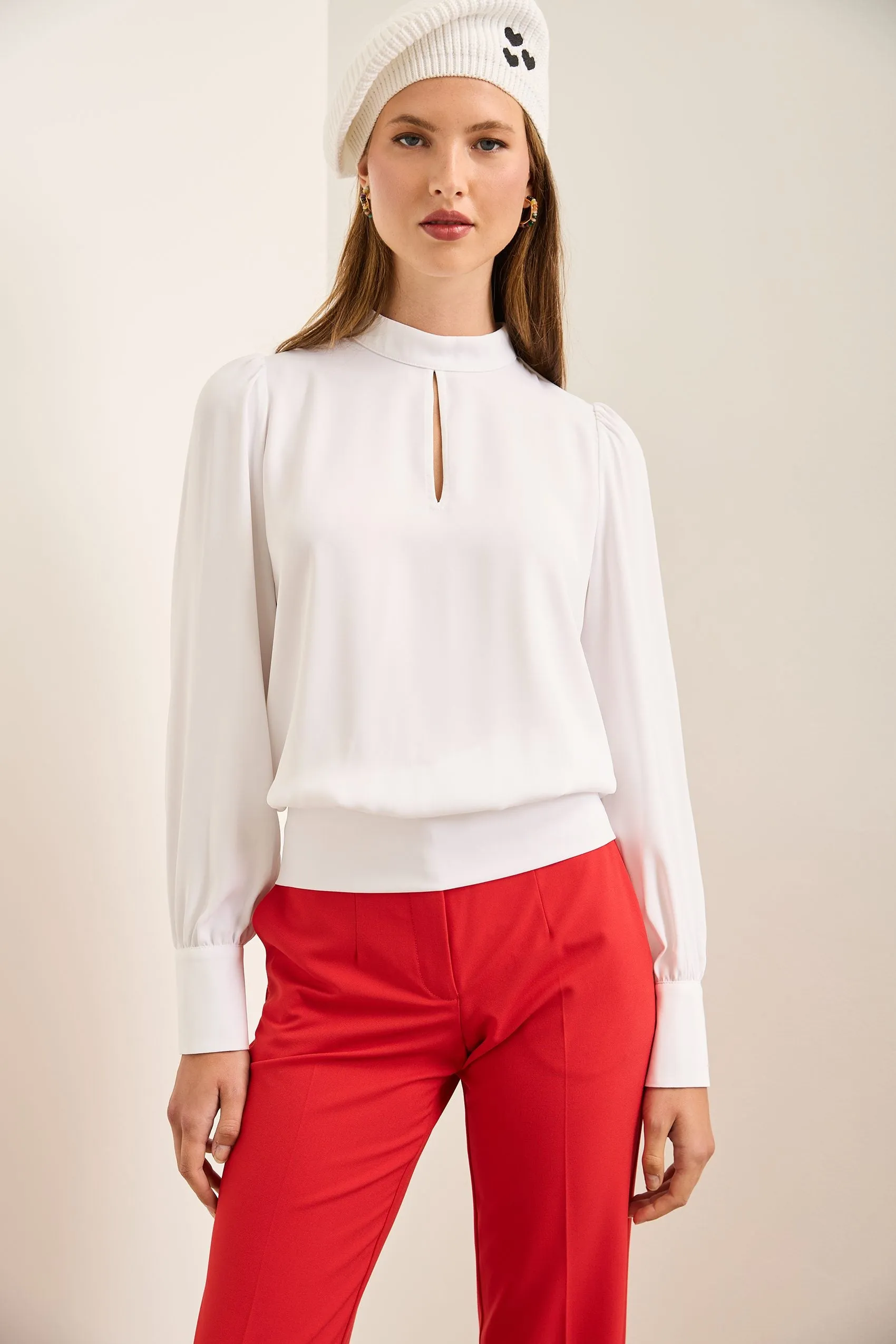 Mock Neck Blouse With Rushed Waistband sold by Tristan Style