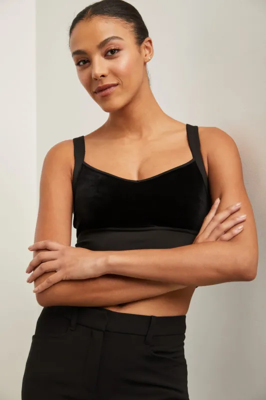 Cropped velvet top with crossed back straps sold by Tristan Style