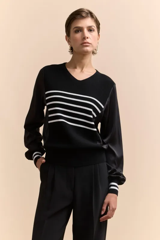 V neck sweater with satin sleeves sold by Tristan Style