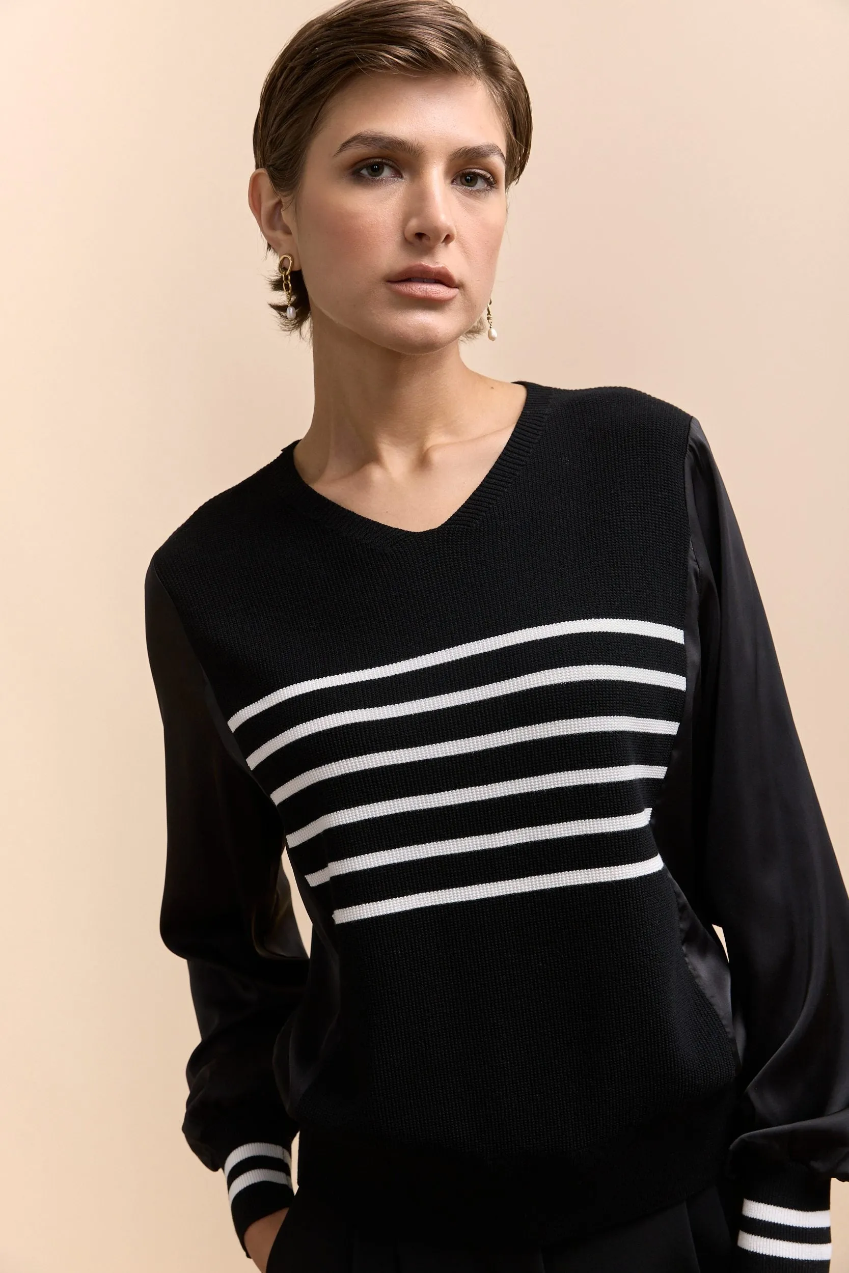 V neck sweater with satin sleeves sold by Tristan Style product image thumbnail 3