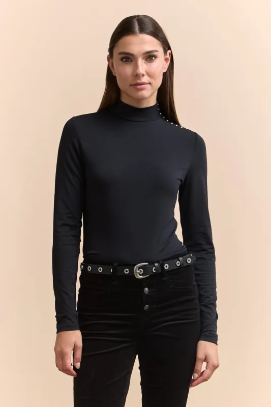 Long sleeve mock neck top with beading sold by Tristan Style