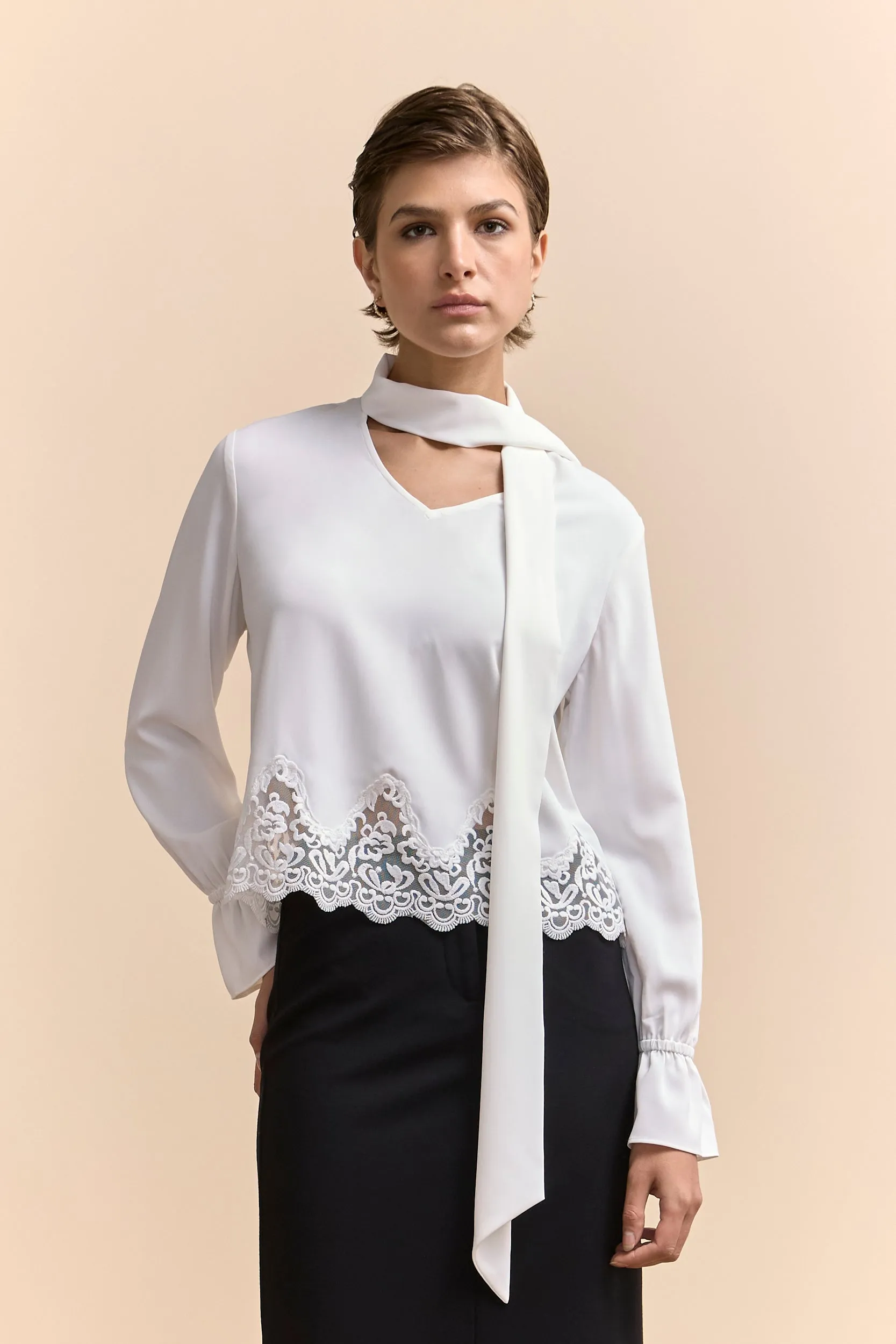 Cropped blouse with lace hem sold by Tristan Style