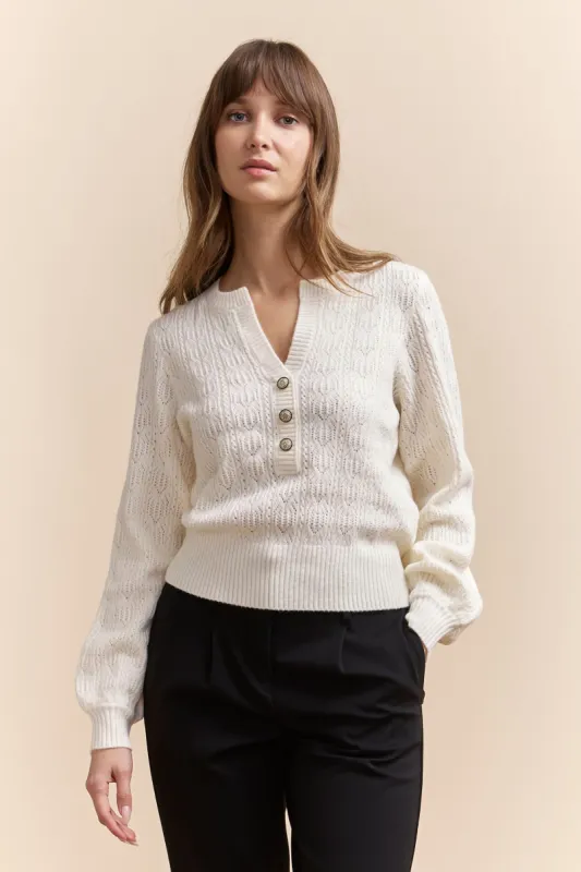 Pointelle sweater with jewel buttons sold by Tristan Style